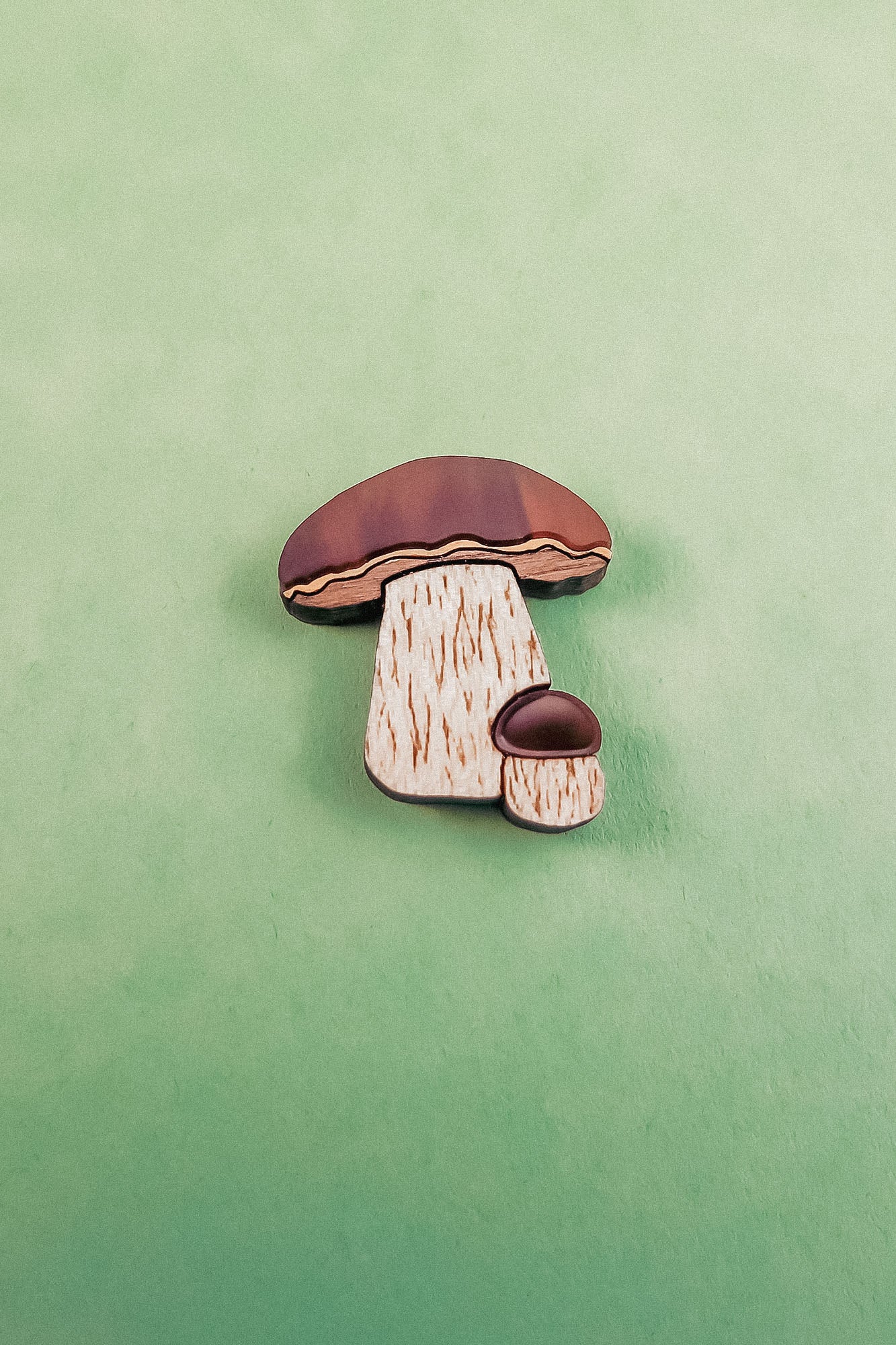 A nature-inspired design, this King Bolete Mushroom Pin features handcrafted quality with two mushrooms—one large and one small—sporting brown caps and beige stems, set against a textured green background.