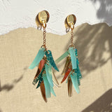 A pair of dangling acrylic earrings with gold, teal, and aqua-toned charms hang against a textured white and beige background, casting natural shadows that highlight their unique style.